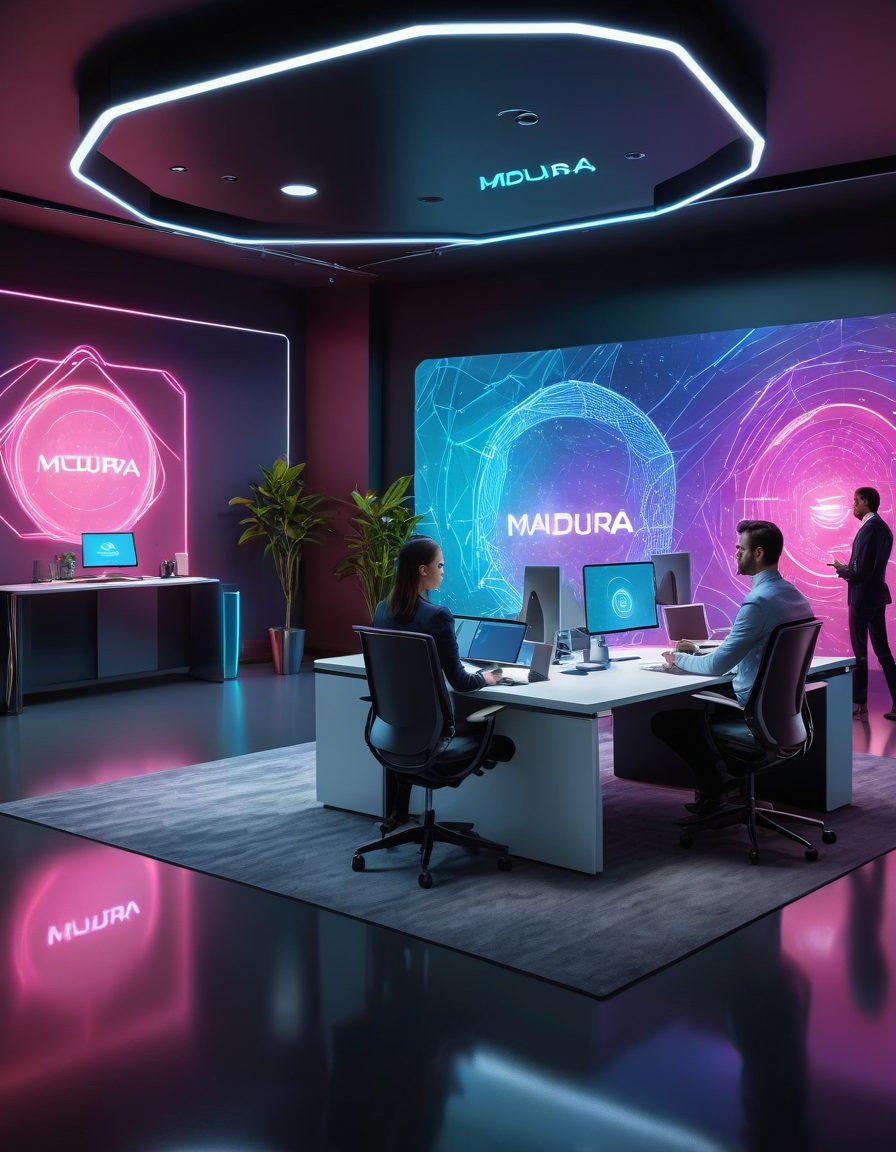 A dynamic, futuristic office space filled with high-tech gadgets and holographic screens, showcasing seamlessly integrated web solutions and a glowing, central logo of 'Madura SX' in the foreground. Employees collaborating excitedly around digital screens, depicting innovation and success. super-realistic. vibrant colors. modern design.