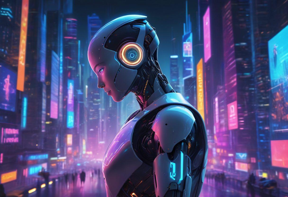 A futuristic cityscape with interconnected skyscrapers symbolizing digital and IT services, illuminated with vibrant neon lights. In the foreground, a sleek humanoid robot interacts with holographic screens displaying various web service icons and graphs. The atmosphere is dynamic and innovative, capturing the essence of digital transformation. Artwork style: cyberpunk, vibrant colors, high-tech, digital painting.