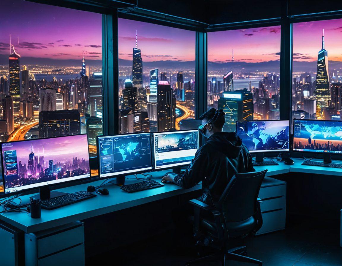 A futuristic tech workspace with multiple screens displaying e-commerce websites and coding interfaces, a web developer at the forefront, and a vibrant city skyline through the window in the background. Elements of interconnected networks and smooth digital transactions surround the area. cyberpunk. vibrant colors.
